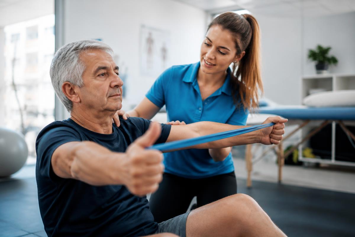 A physiotherapist guiding a patient through a rehabilitation exercise