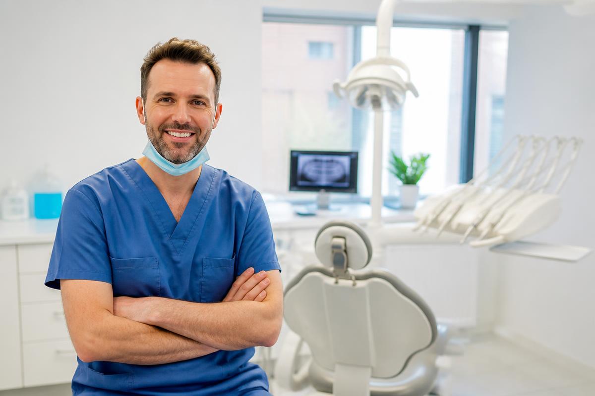 A dentist standing beside a treatment chair in a modern dental clinic