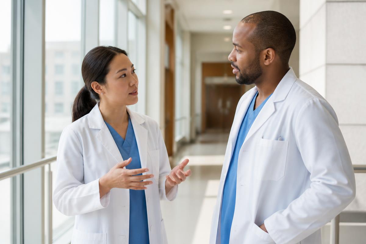 Two doctors in white coats talking in a hospital corridor