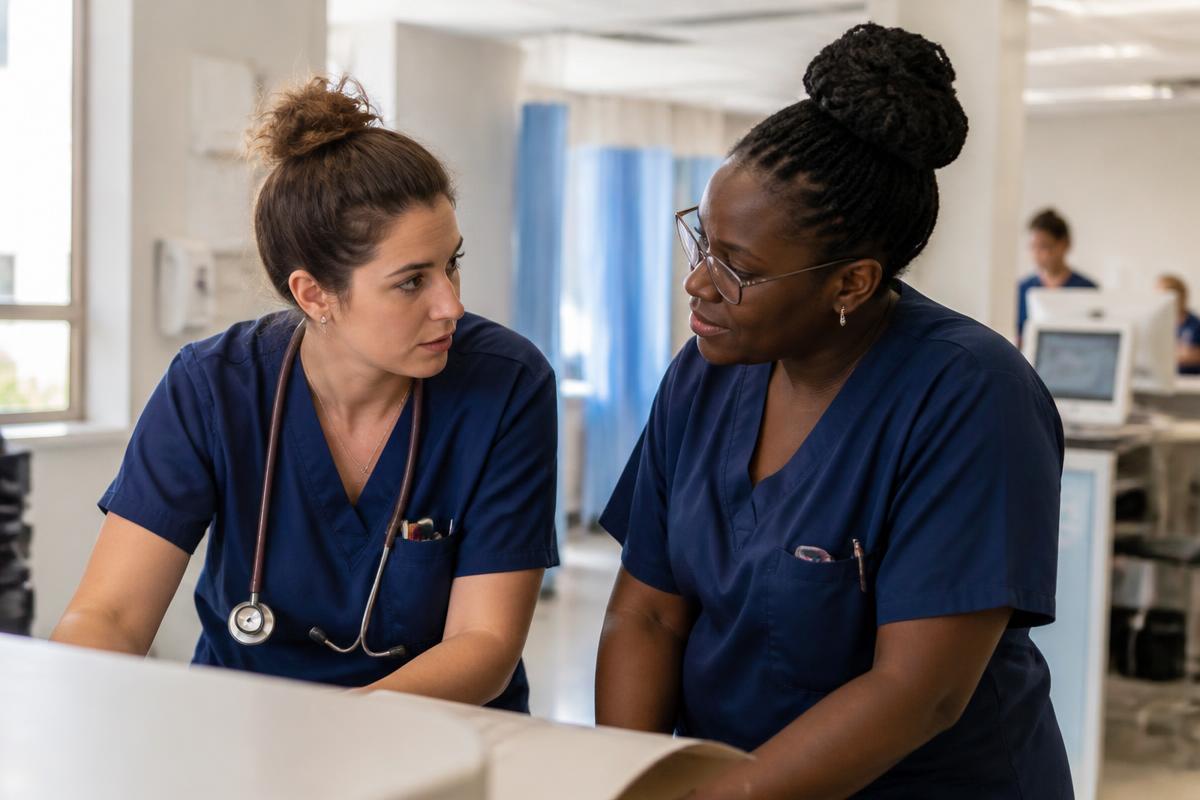 A nurse and a midwife reviewing notes at a hospital ward station