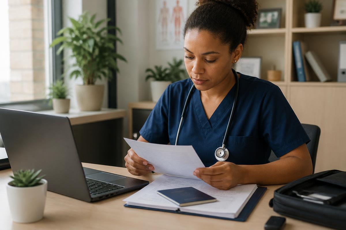 A health professional reviewing registration paperwork at a desk