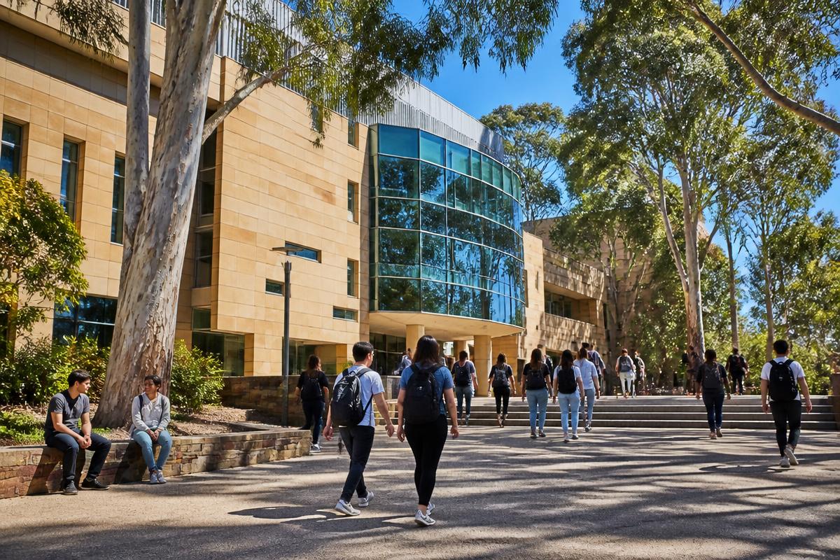 Students walking past a sandstone and glass Australian university building