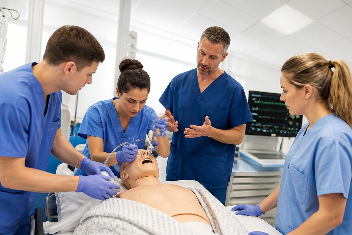 Trainees practising airway skills with a supervisor in a clinical simulation lab