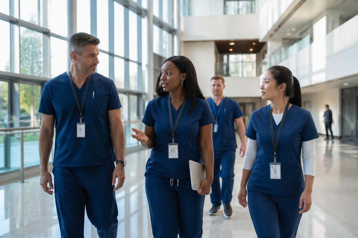 A clinical team in scrubs walking through a hospital atrium